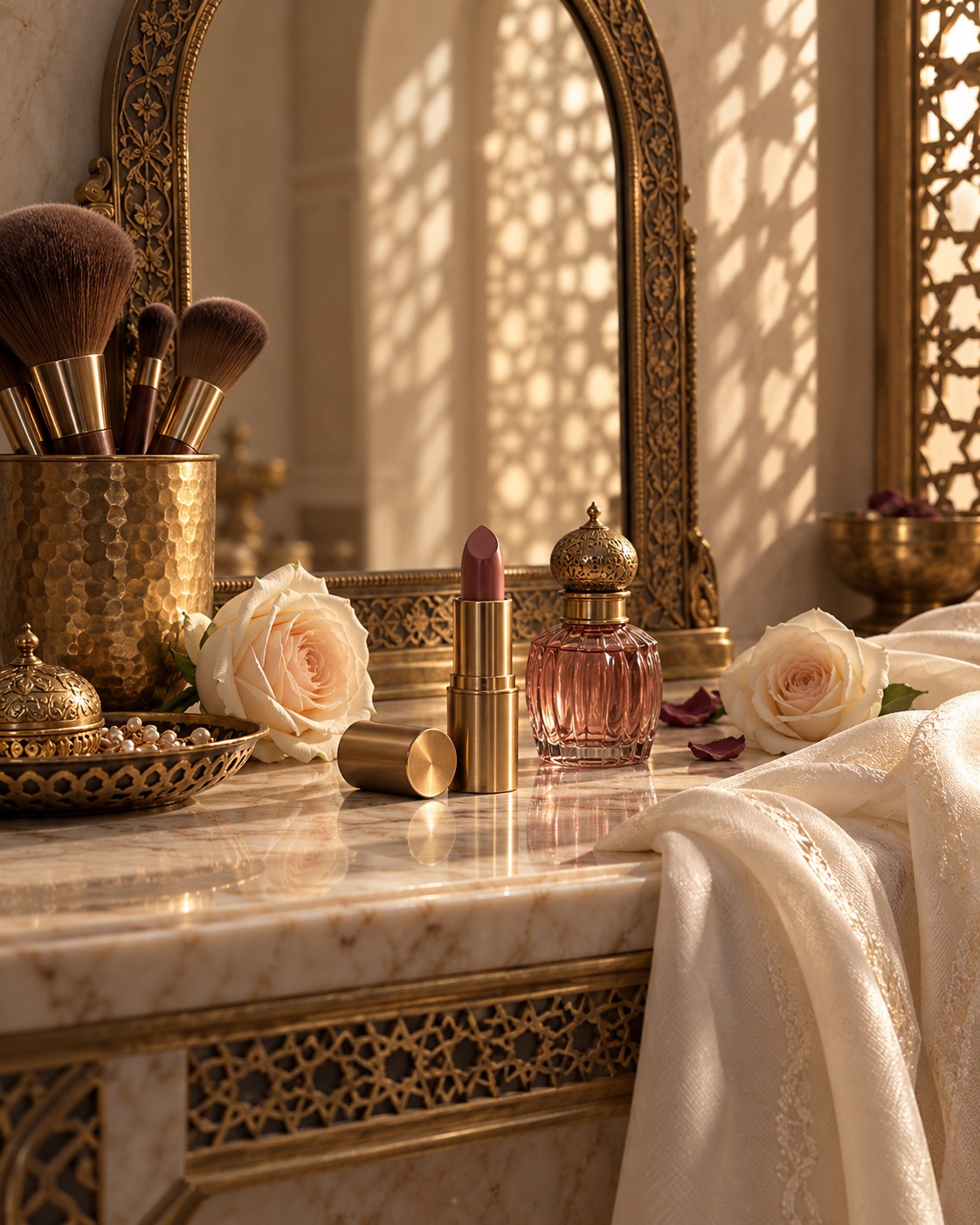 Traditional brass vanity with rose attar, makeup brushes, ivory roses and delicate lattice light